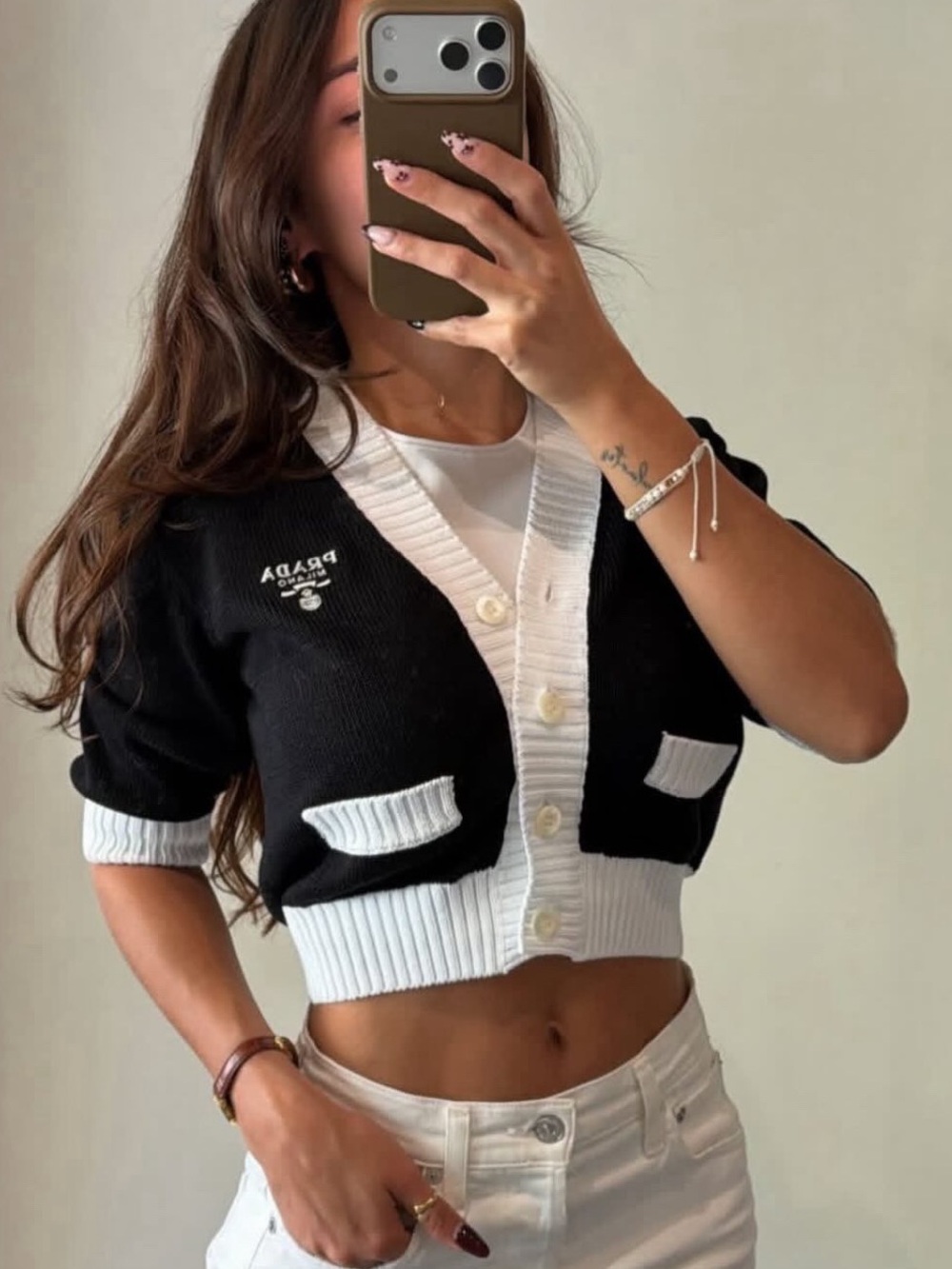 Prada Black and White V-Neck Cardigan Sweater